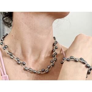 Woven Multi Strand, Freshwater Pearl Dark Gray Blue Necklace Bracelet Set